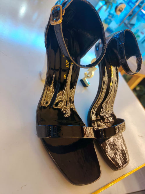 Black Patent Ankle-Strap Block Heel Sandal for women by Norva footwear