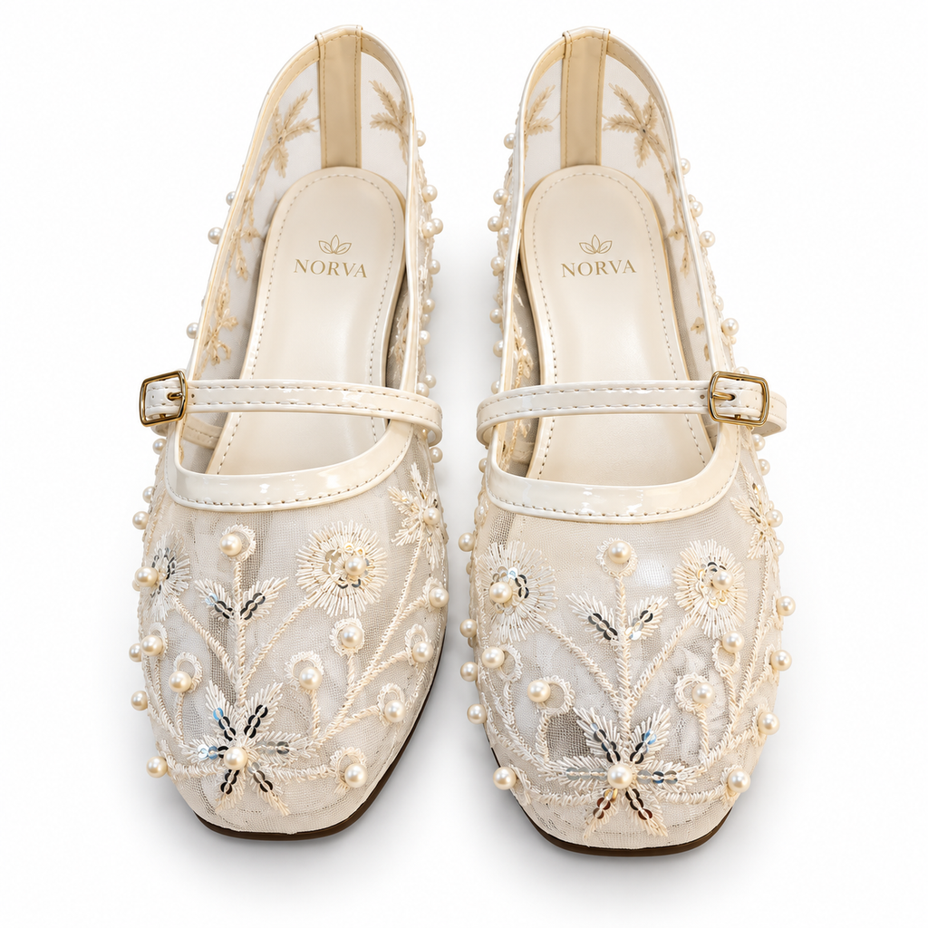 Pearl Embellished Mesh Mary Jane Flat for women by Norva footwear - view 2