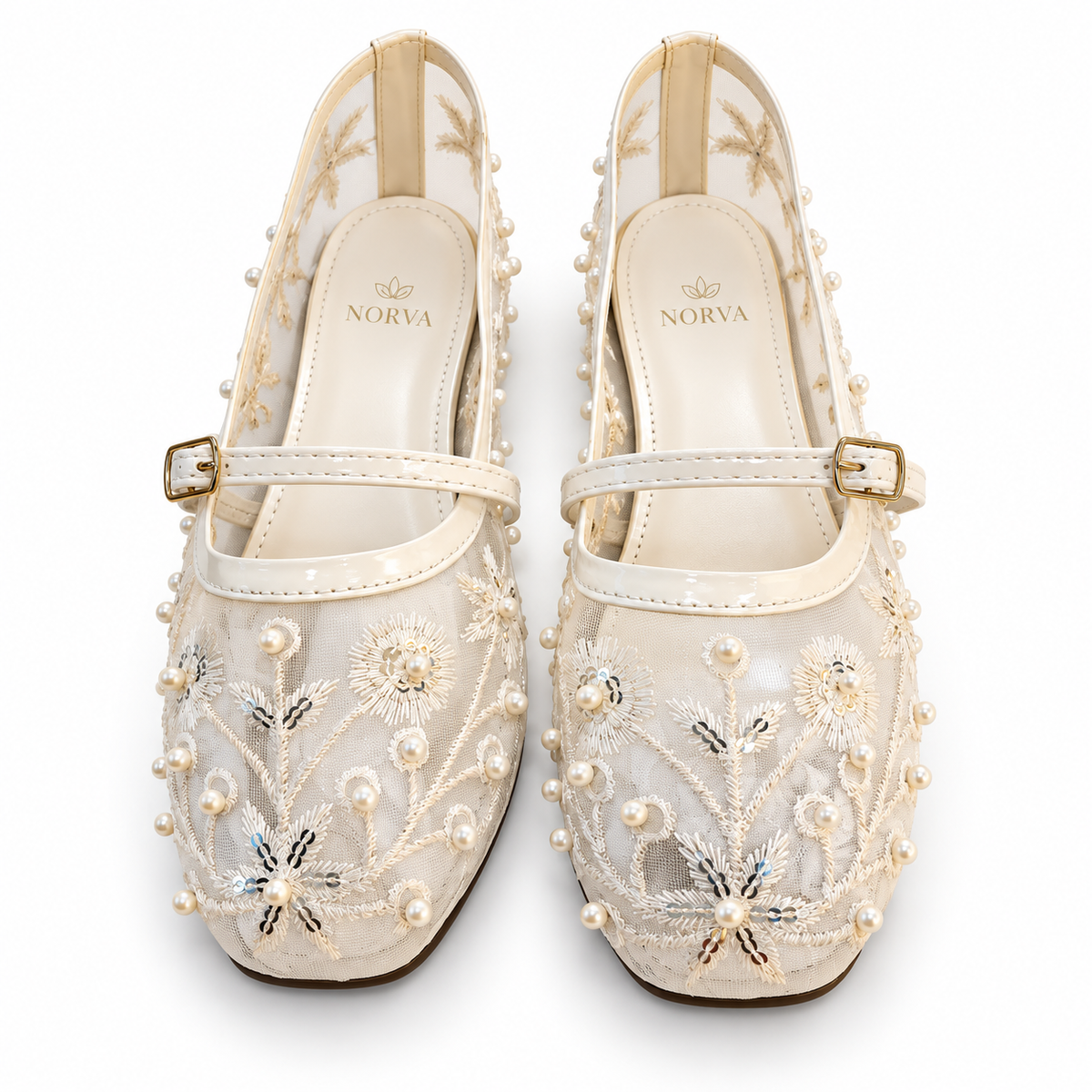 Pearl Embellished Mesh Mary Jane Flat for women by Norva footwear - view 2
