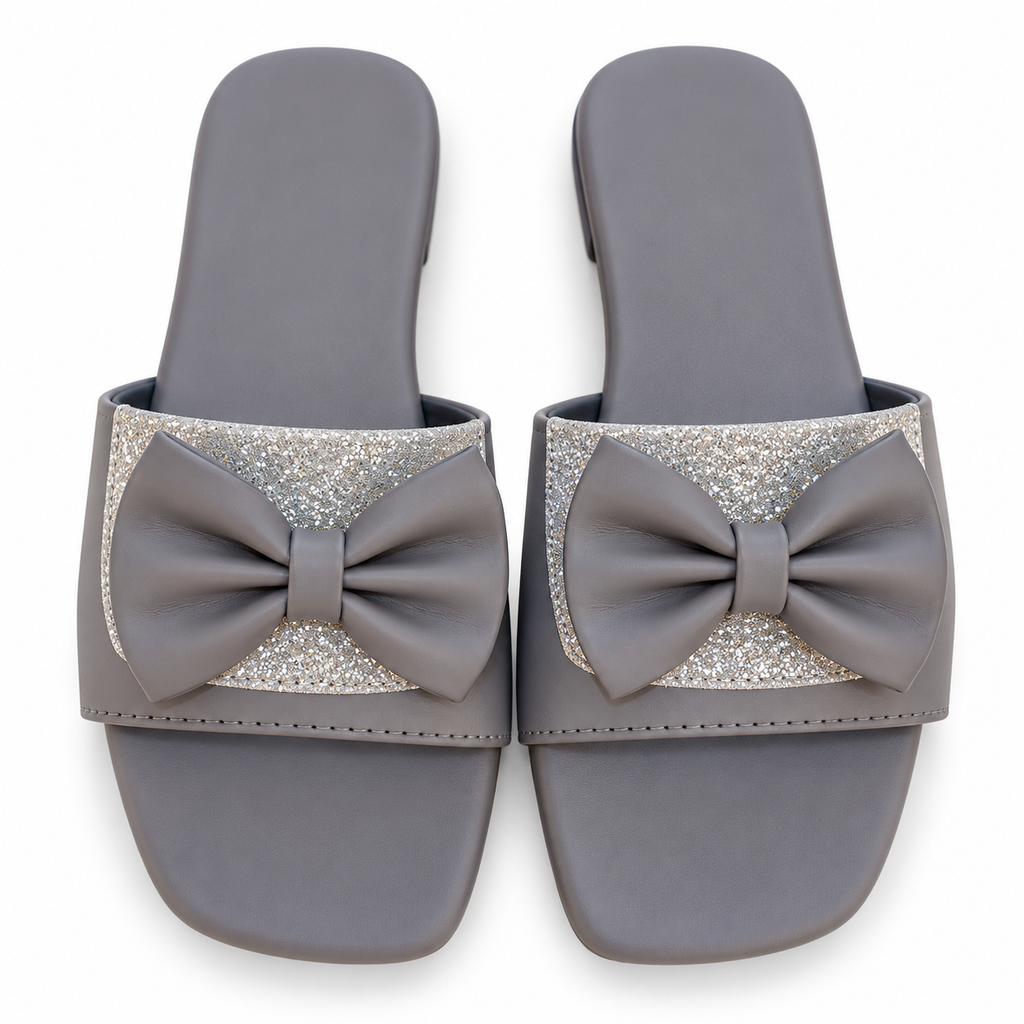 Silver Grey Glitter Bow Flat Slide for women by Norva footwear - view 2