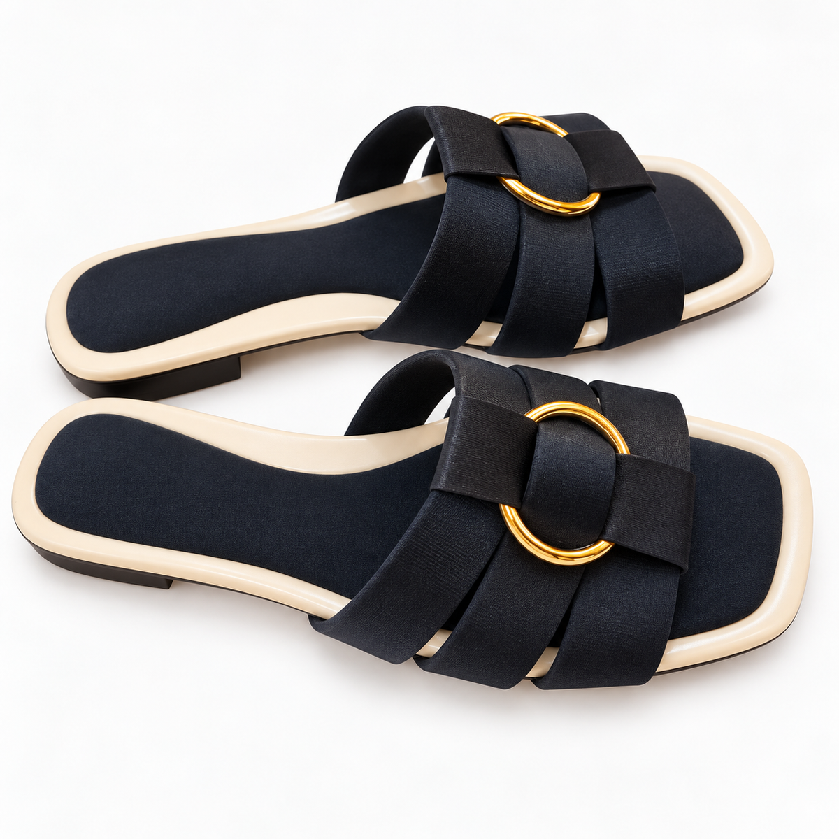 Black Woven Ring Flat Slide for women by Norva footwear