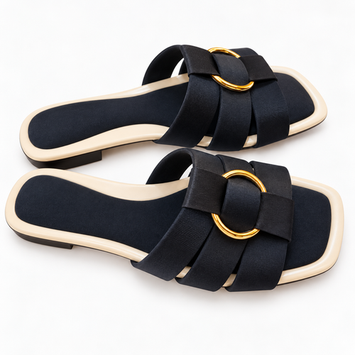Black Woven Ring Flat Slide for women by Norva footwear