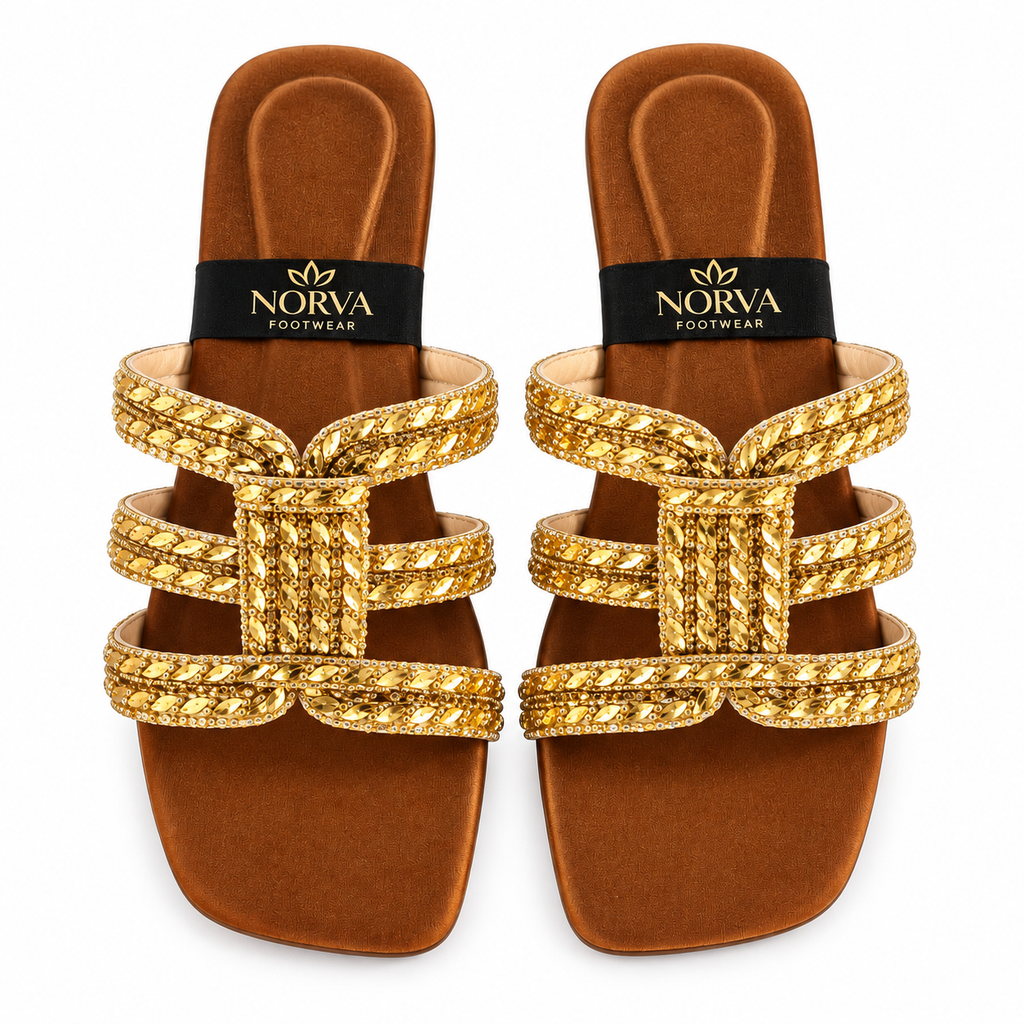 Tan Gold Beaded Strap Flat Sandal for women by Norva footwear - view 3