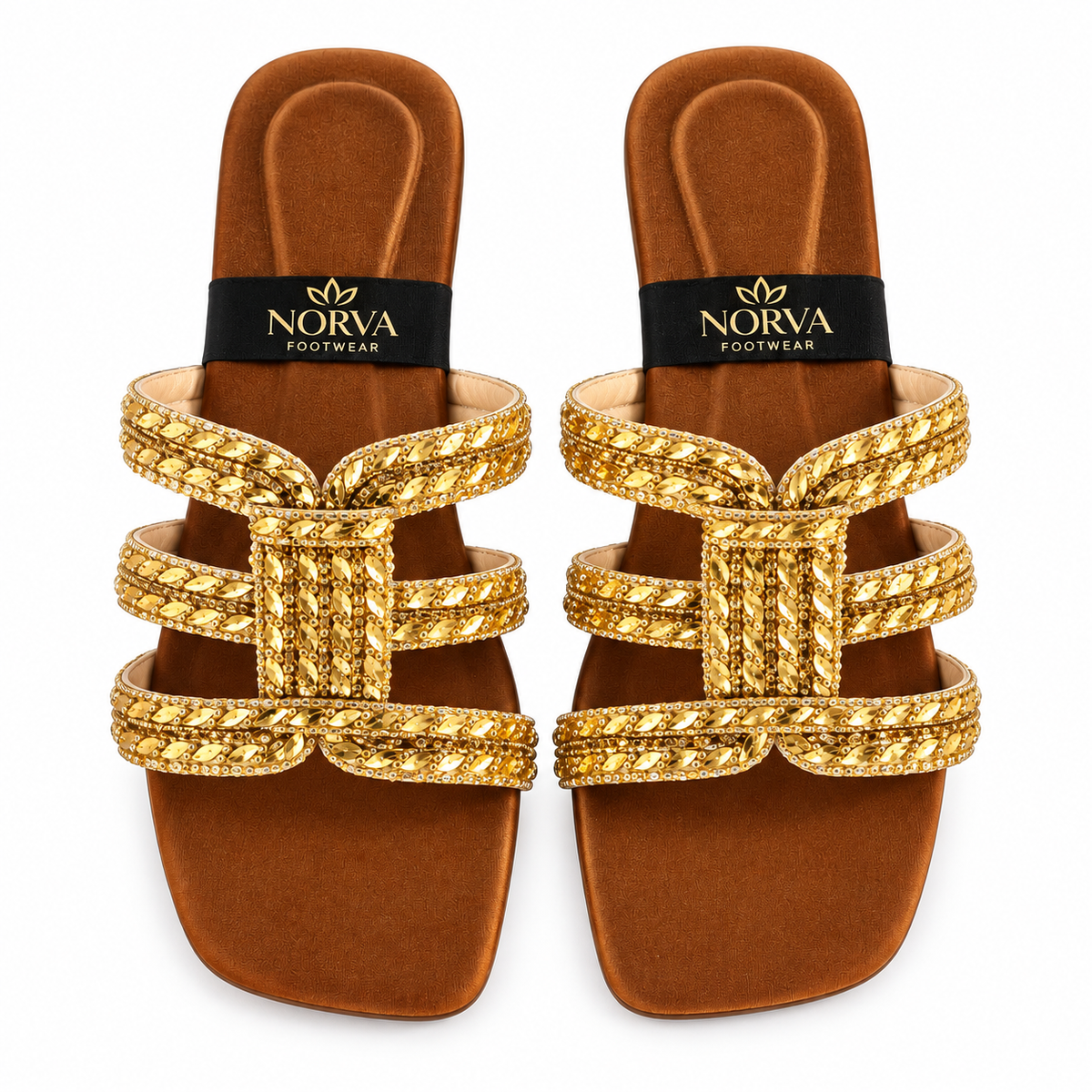 Tan Gold Beaded Strap Flat Sandal for women by Norva footwear - view 3
