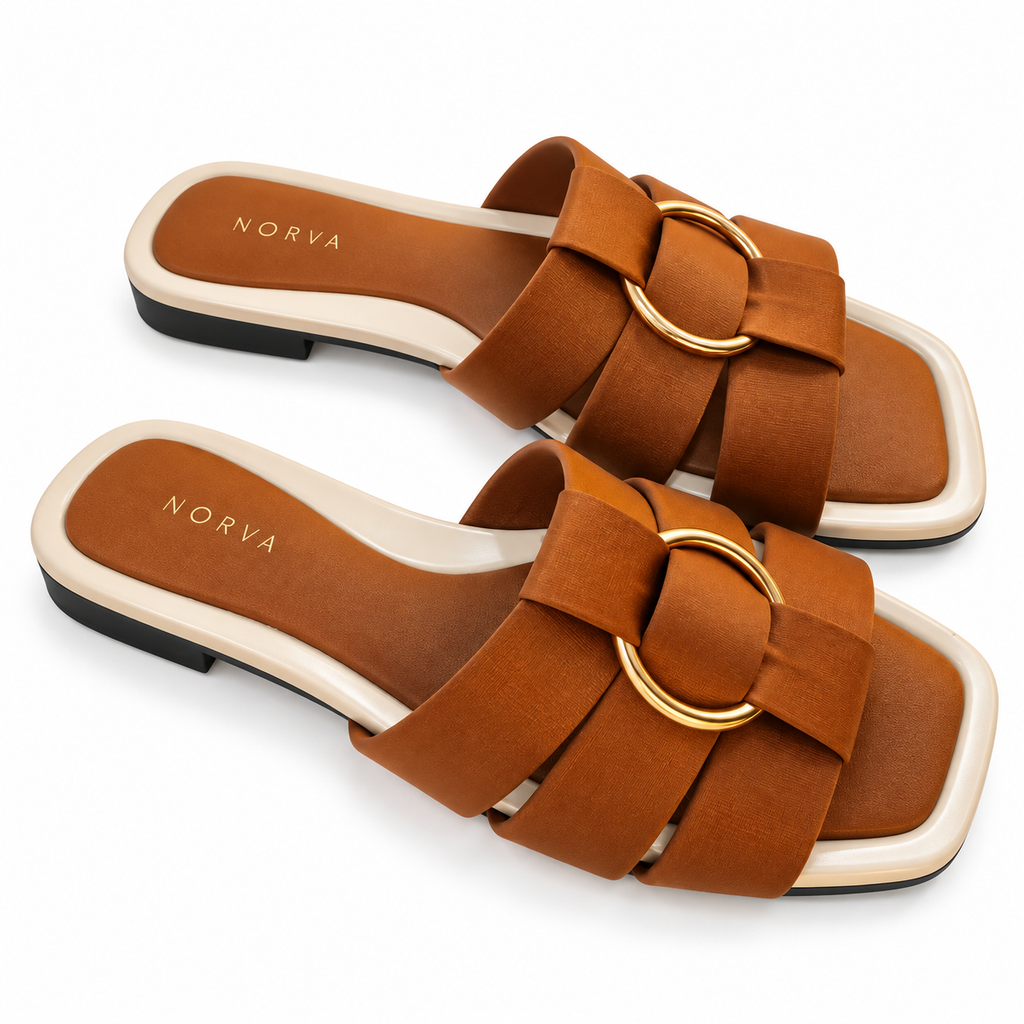 Tan Woven Ring Flat Slide for women by Norva footwear