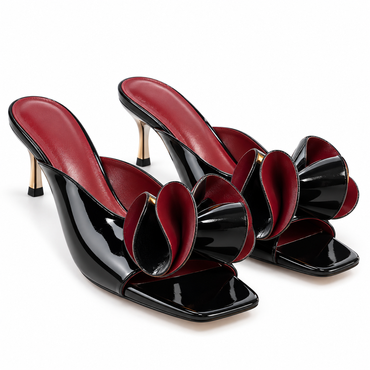 Black Ruby Bow Mule Heels