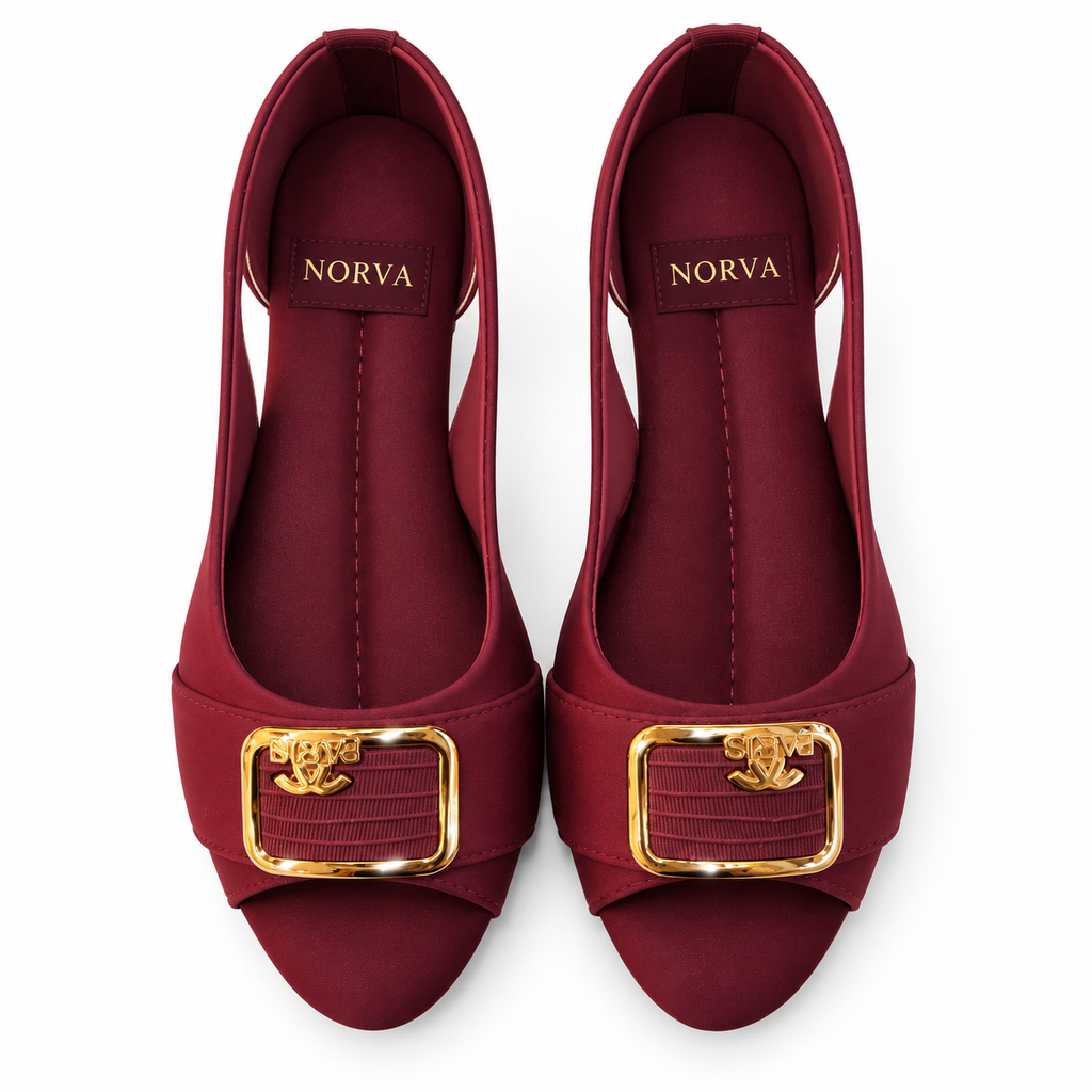 Maroon Satin Buckle Ballet Flats for women by Norva footwear