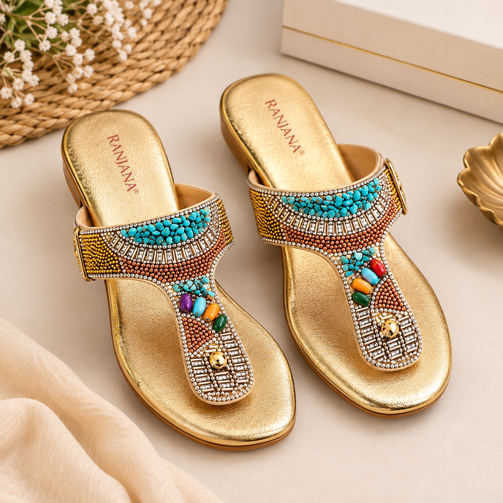 Golden Embellished Stone-Work Flat Sandal for women by Norva footwear - view 2