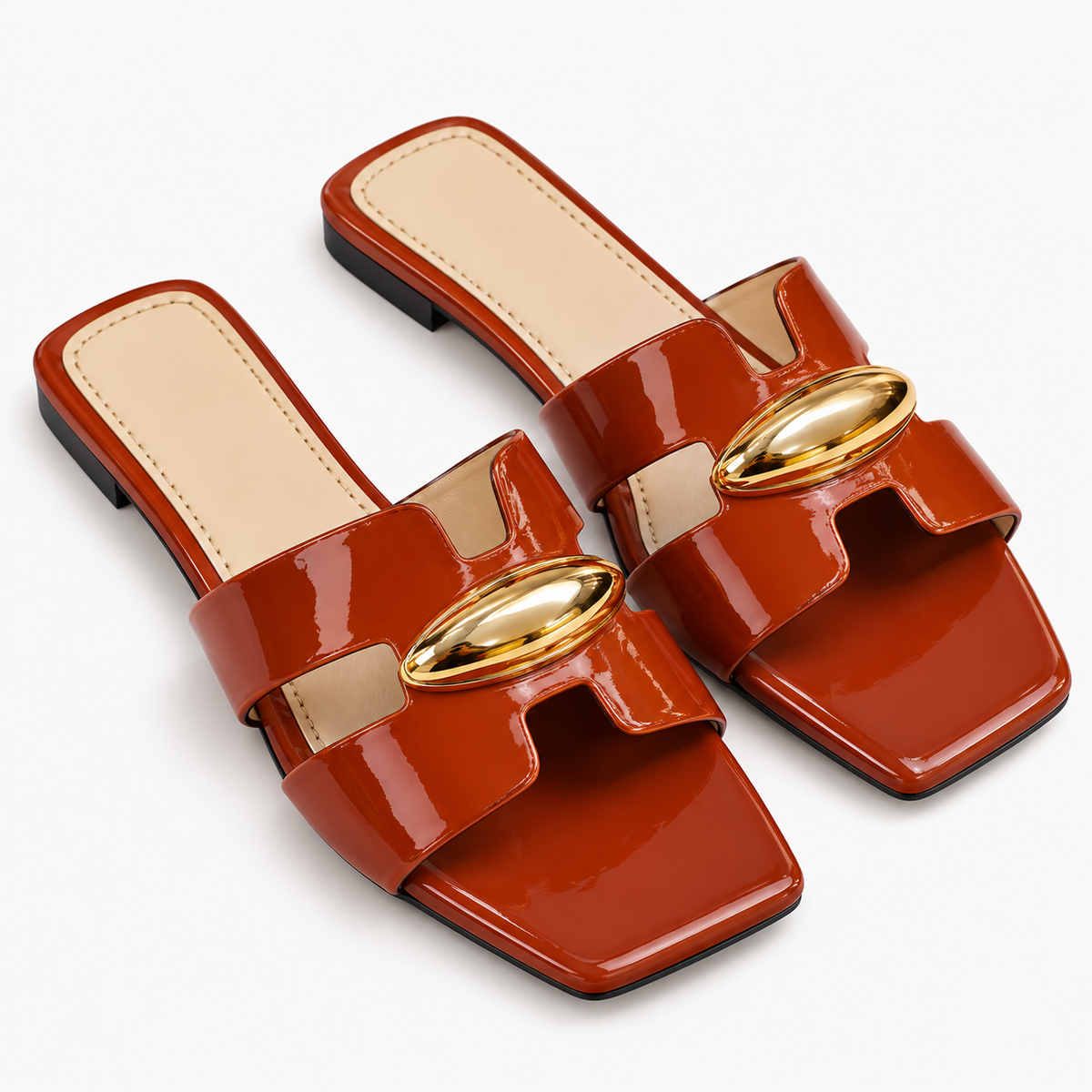 Glossy Cognac Patent Slide Sandals for women by Norva footwear