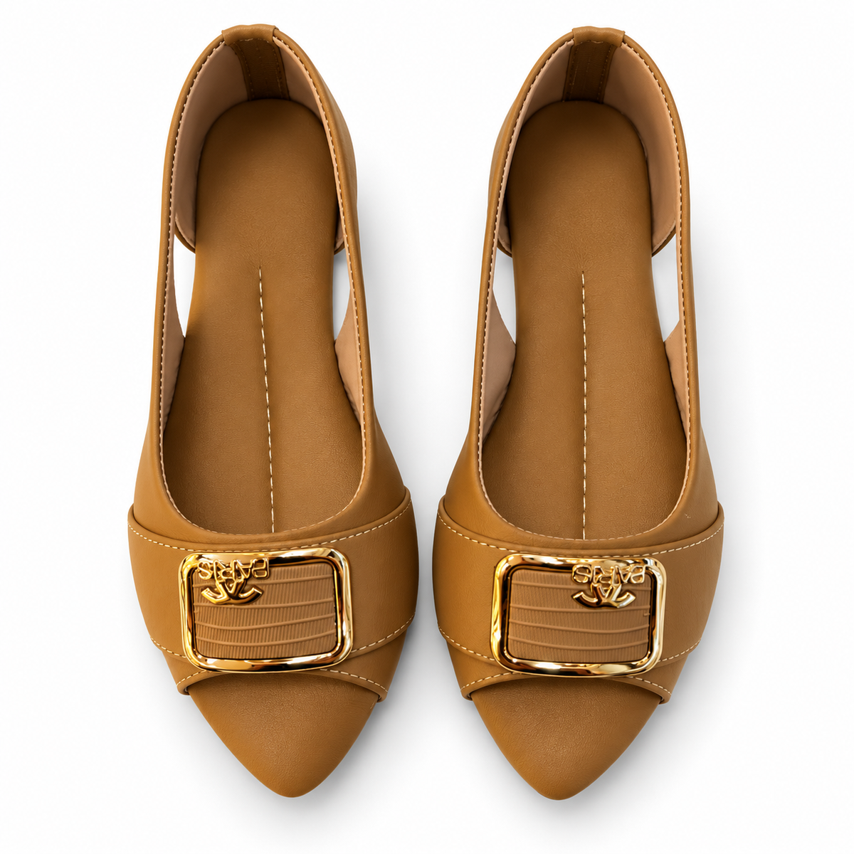 Camel Satin Buckle Ballet Flats for women by Norva footwear