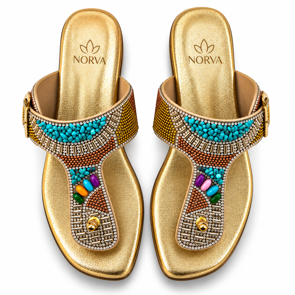 Golden Embellished Stone-Work Flat Sandal for women by Norva footwear