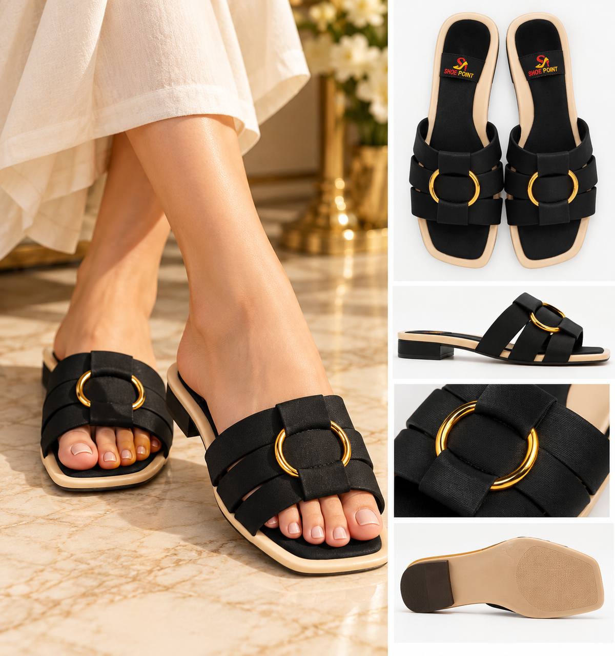 Black Woven Ring Flat Slide for women by Norva footwear - view 3