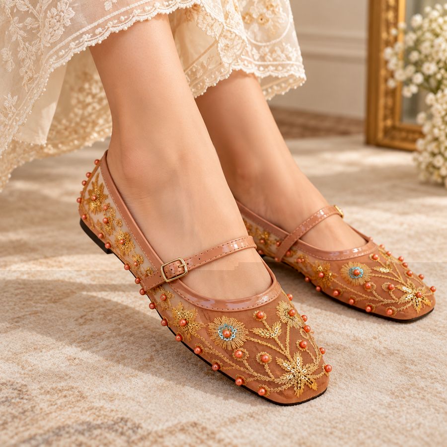 Terracotta Embroidered Mesh Mary Jane Flat for women - Norva footwear